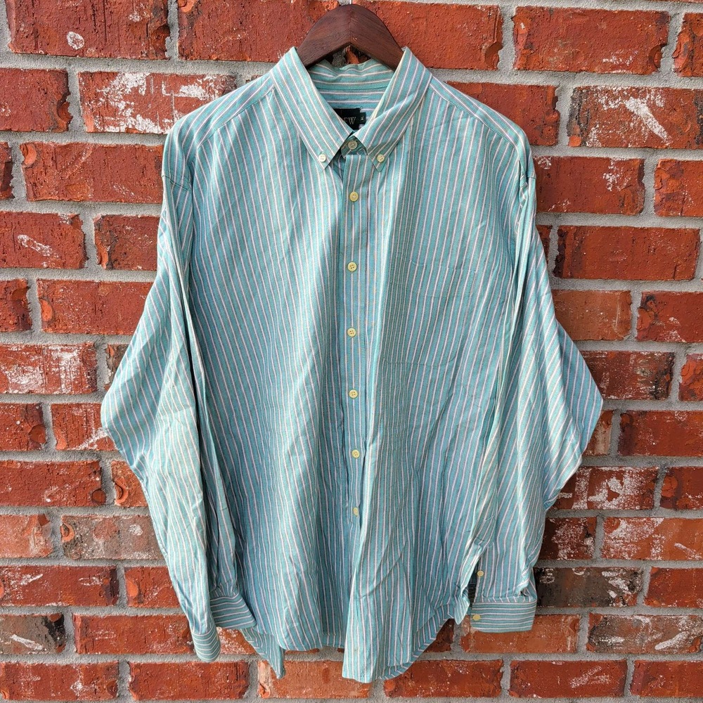VTG J.Crew Button Down Shirt Mens XL Teal Striped Long Sleeve Cotton Pocket